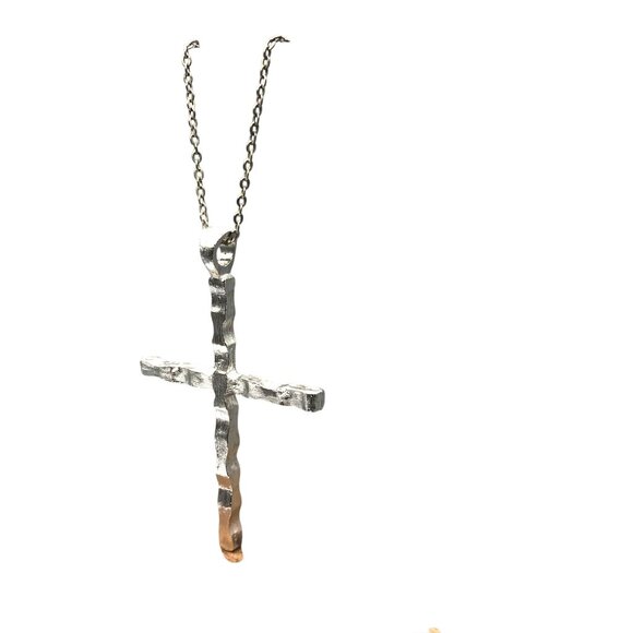 Reversible Silver Cross Pendant on Silver Tone Chain Necklace, One Side Polished - Picture 5 of 5